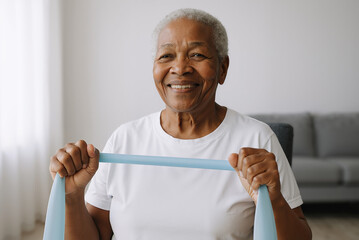 Senior african american woman smiling while exercising with resistance band in bright modern living room for healthy active lifestyle