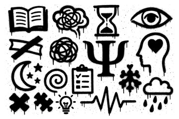 Mental health and psychology icons with brain, emotions, and gender symbols in graffiti style, Transparent Background