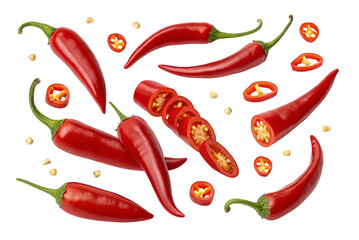 Fresh red chili peppers and spicy sliced rings with seeds on black background stock photo