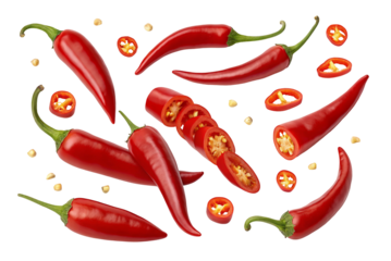 Fresh red chili peppers and spicy sliced rings with seeds on black background stock photo