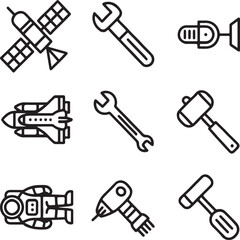 Minimal Space Equipment Vector Icons &ndash; Astronaut, Shuttle Launch, Satellite, Space Tools, and Communication Devices