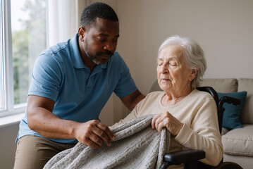 Smiling caregiver helping elderly woman