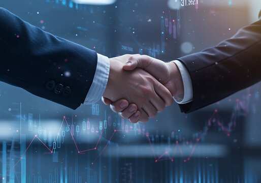 Business people shaking hands in agreement with financial data overlay