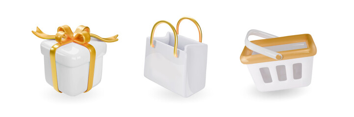 Shopping promotion white luxury, 3d render vector icon set white and gold color. Gift, bag, gift box, plastic shopping cart