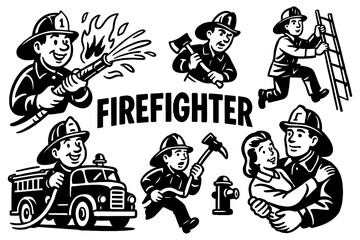 Firefighters in action with firetruck, hose, hydrant, and rescue scenes in retro comic style, Transparent Background
