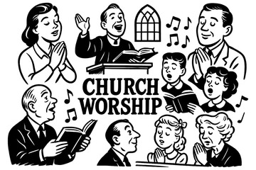 People praying and worshiping in church with Bible and pastor in retro comic style, Transparent Background