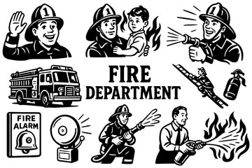 Firefighters in action with firetruck, hose, hydrant, and rescue scenes in retro comic style, Transparent Background