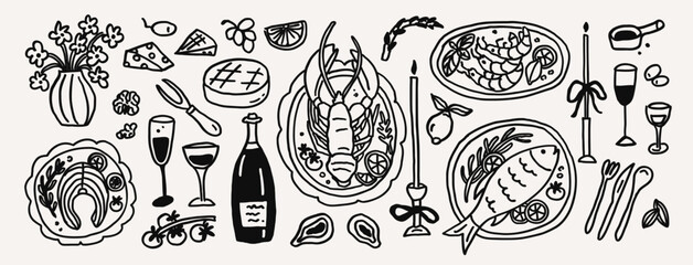 Fototapeta na wymiar Whimsical seafood line art doodle sketch. Whimsy mediterranean wine italian dinner with fish, lobster, salmon and shrimp plate. Wedding table setting coquette vector outline illustration