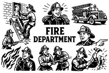 Firefighters in action with firetruck, hose, hydrant, and rescue scenes in retro comic style, Transparent Background