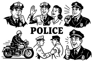 Retro police officers and law enforcement symbols in vintage comic style, Transparent Background