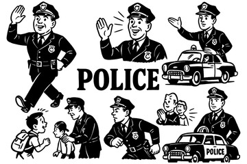 Retro police officers and law enforcement symbols in vintage comic style, Transparent Background