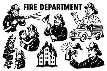 Firefighters in action with firetruck, hose, hydrant, and rescue scenes in retro comic style, Transparent Background