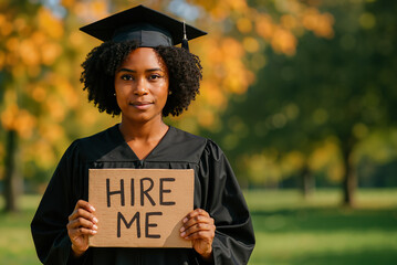 hopeful black woman in graduation gown holding hire me sign in park during autumn day seeking employment and career opportunities