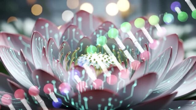 Synthetic Lotus Flower Blooming with Glowing Circuits and DNA Spirals &mdash; Futuristic Peace and Tech Fusion Animation

