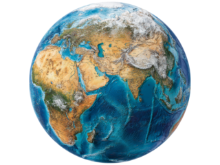 Detailed earth globe map showing continents oceans and terrain, Isolated On White Background, Png Transparent