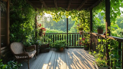 Obraz premium Wooden balcony adorned with climbing plants and vines, offering a peaceful retreat with nature all around