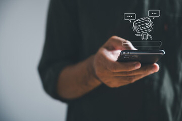 AI chatbot assistant on a phone, a digital service providing conversation with an internet bot...