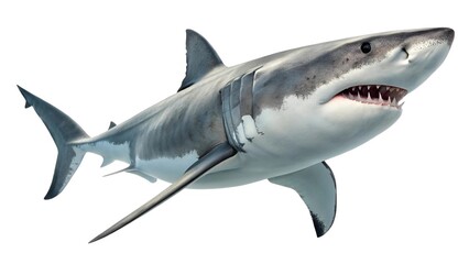 Naklejka premium Studio macro image of a great white shark swimming diagonally, body slightly curved and mouth closed, skin texture detailed under directional light, isolated on transparent white — apex predator.