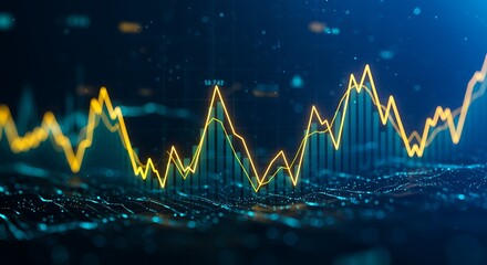 Financial market trading graph with yellow line on blue digital background