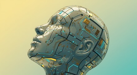 Artificial intelligence robot head profile with glowing circuits