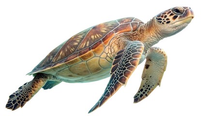 Fototapeta premium Macro image of a sea turtle swimming upward, patterned shell and flippers detailed under soft ambient light, isolated cleanly on white — ancient, slow, calm sea traveler. 