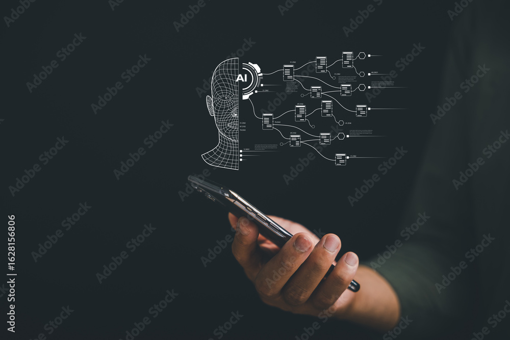 Poster ai powers data technology, future tech, and business intellig displayed on phone held in hand, conne