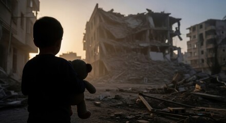 Silhouette of a boy holding a teddy bear looking at destroyed buildings. Child and war concept. Post-war scene for social issues.