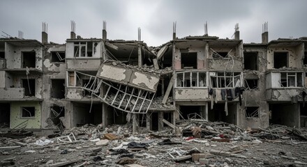 Destroyed building with multiple stories, rubble and debris on gray day. War aftermath impacting civilian residential area.