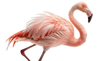 Obraz premium Macro full-body image of a flamingo balancing on one leg, feathers softly fluffed and curved beak in detail, pastel studio light enhances pink tones, clean cutout on pure white — tropical.
