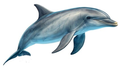  Macro full-body image of a bottlenose dolphin swimming sideways, sleek skin and curved dorsal fin highlighted under simulated underwater lighting, isolated on pure white — intelligent.