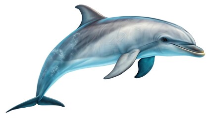  Macro full-body image of a bottlenose dolphin swimming sideways, sleek skin and curved dorsal fin highlighted under simulated underwater lighting, isolated on pure white — intelligent.