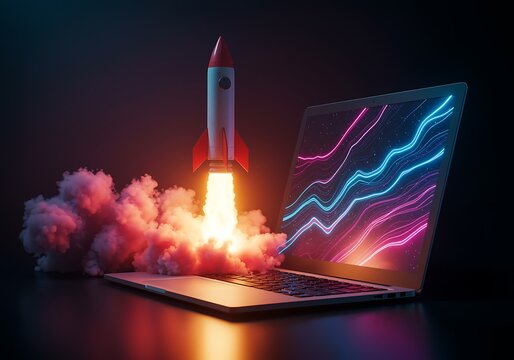 Rocket launching from laptop screen with glowing data chart