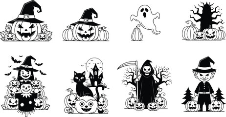 Naklejka premium Halloween vector illustration set with spooky characters and icons