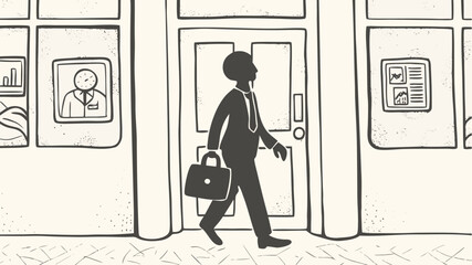 Illustration of a businessman with briefcase walking out of a door with framed pictures on the wall | editable eps vectors silhouette