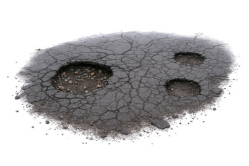 Damaged Asphalt Surface with Multiple Potholes and Cracks, Revealing Underlying Gravel and Debris