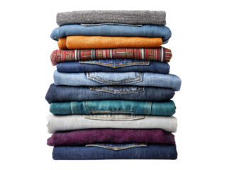 Stack of folded jeans and sweaters on black background, Isolated On White Background, Png Transparent