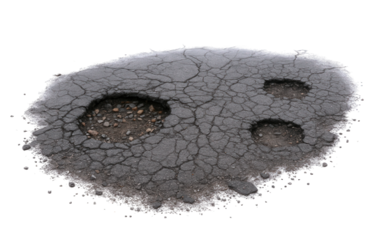 Damaged Asphalt Surface with Multiple Potholes and Cracks, Revealing Underlying Gravel and Debris
