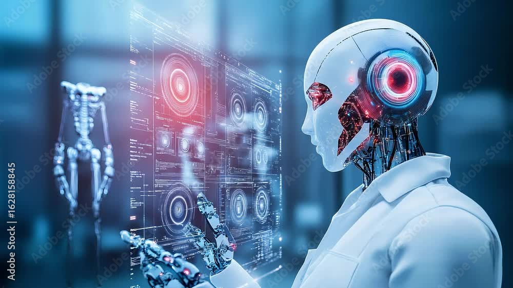 Aufkleber futuristic robot in laboratory setting studying data