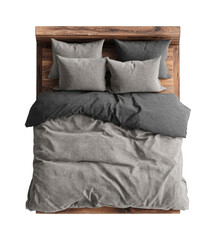 Elevated view of a bed with gray bedding and wooden headboard