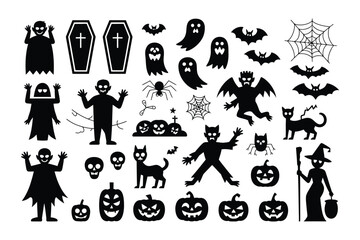 Fototapeta premium A collection of black silhouette icons for Halloween, featuring spooky characters like ghosts, monsters, witches, and traditional symbols