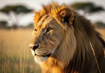 Fototapeta premium A Majestic Lion with a Golden Mane Staring Intently 