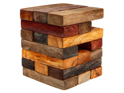 Stacked wooden blocks game tower puzzle brown colors, Isolated On White Background, Png Transparent