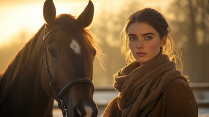 Obraz premium Young woman with long hair stands beside a brown horse, wrapped in a cozy scarf, during a golden hour sunset, capturing a serene moment in nature's beauty