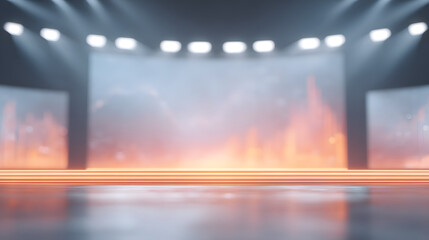 Intentionally blurred image of a futuristic startup pitch presentation stage with large UI projections and digital graphs, dramatic lighting.