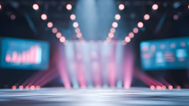 Intentionally blurred image of a futuristic startup pitch presentation stage with large UI projections and digital graphs, dramatic lighting.