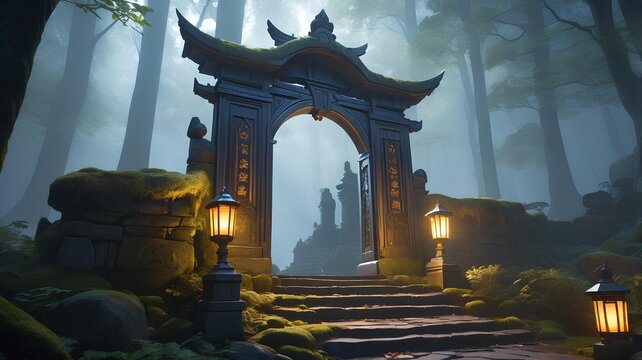 Fantasy illustration of an enchanted stone shrine entrance with glowing lamps illuminating a pathway through a mysterious, misty woods. - Powered by Adobe