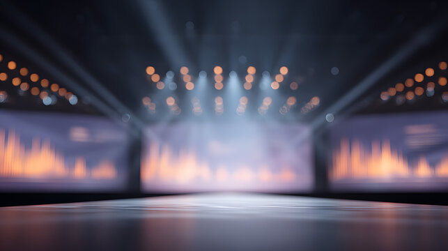 Intentionally blurred image of a futuristic startup pitch presentation stage with large UI projections and digital graphs, dramatic lighting.