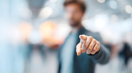 blurred image of a man interacting with smart interface at expo booth
