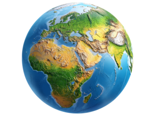 Detailed 3d render of earth showing continents and oceans, Isolated On White Background, Png Transparent