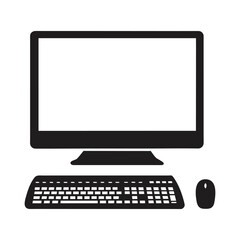Black personal computer monitor, keyboard, and mouse on an office desk Computer silhouette vector icon illustration on white background minimalist flat black bold